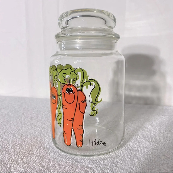 Vintage Anchor Hocking Hildi Cartoon Carrots Glass Canister With Lid - Picture 6 of 13